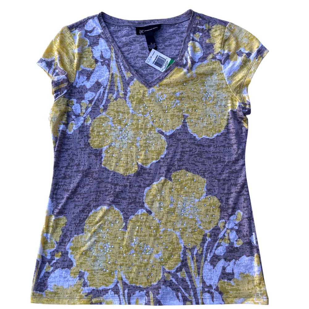 Vtg Y2K INC Shirt Burnout Embellished V-Neck Studded Top L Gray Yellow Floral